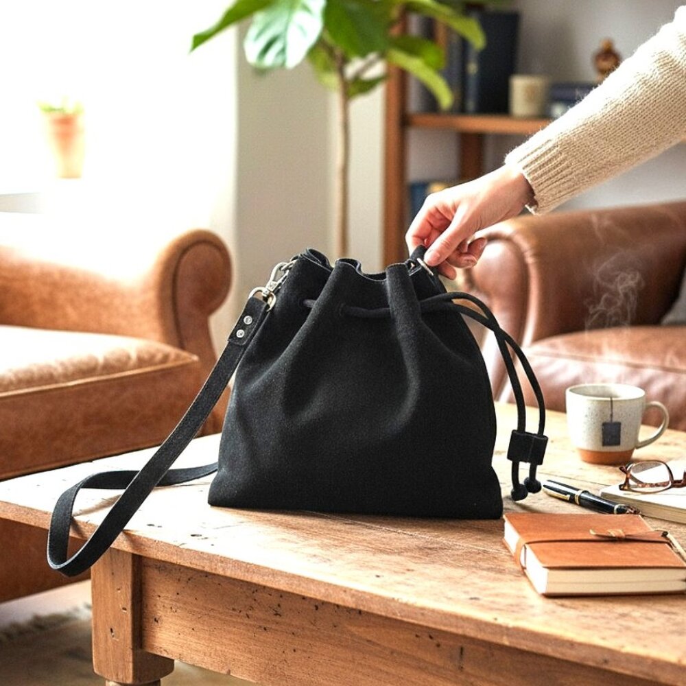 Free People Billie True Black Suede Drawstring Cross Body Slouchy Medicine Style - Picture 3 of 12